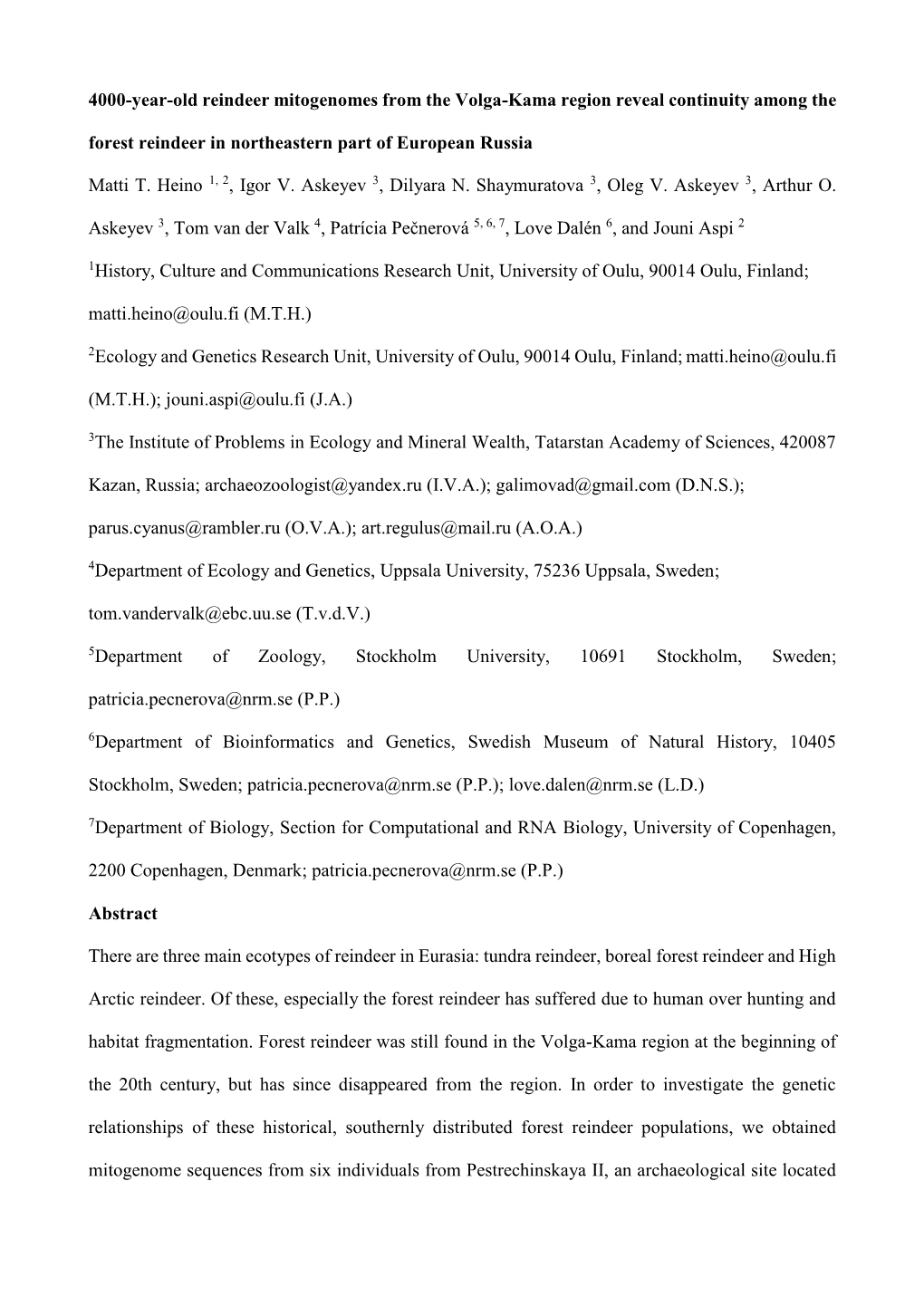 4000-Year-Old Reindeer Mitogenomes from the Volga-Kama Region Reveal Continuity Among the Forest Reindeer in Northeastern Part of European Russia