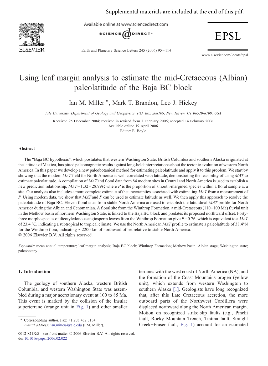 Using Leaf Margin Analysis to Estimate the Mid-Cretaceous (Albian) Paleolatitude of the Baja BC Block ⁎ Ian M