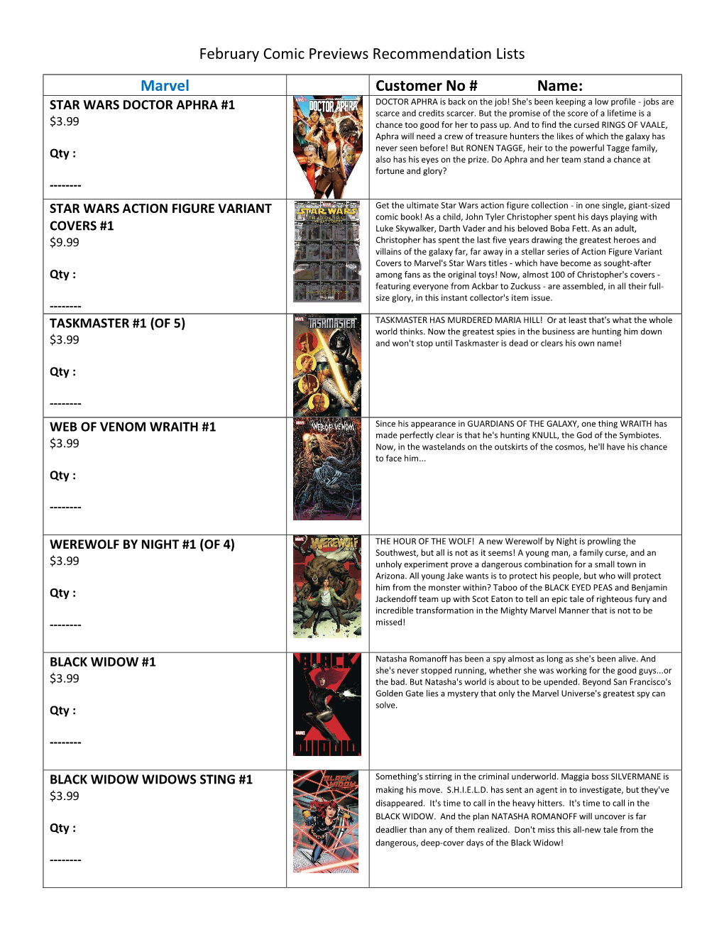 February Comic Previews Recommendation Lists