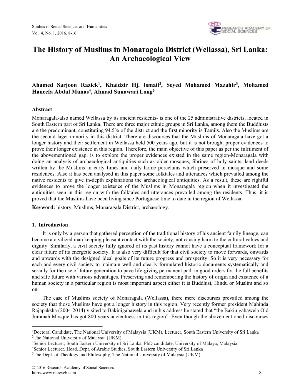 The History of Muslims in Monaragala District (Wellassa), Sri Lanka: an Archaeological View