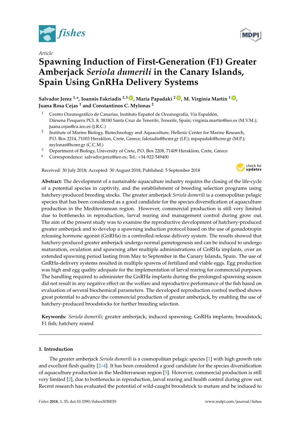 Greater Amberjack Seriola Dumerili in the Canary Islands, Spain Using Gnrha Delivery Systems