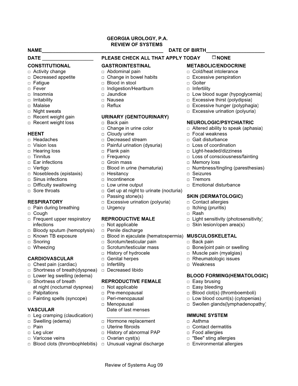 Georgia Urology, Pa Review of Systems Name___Date of Birth