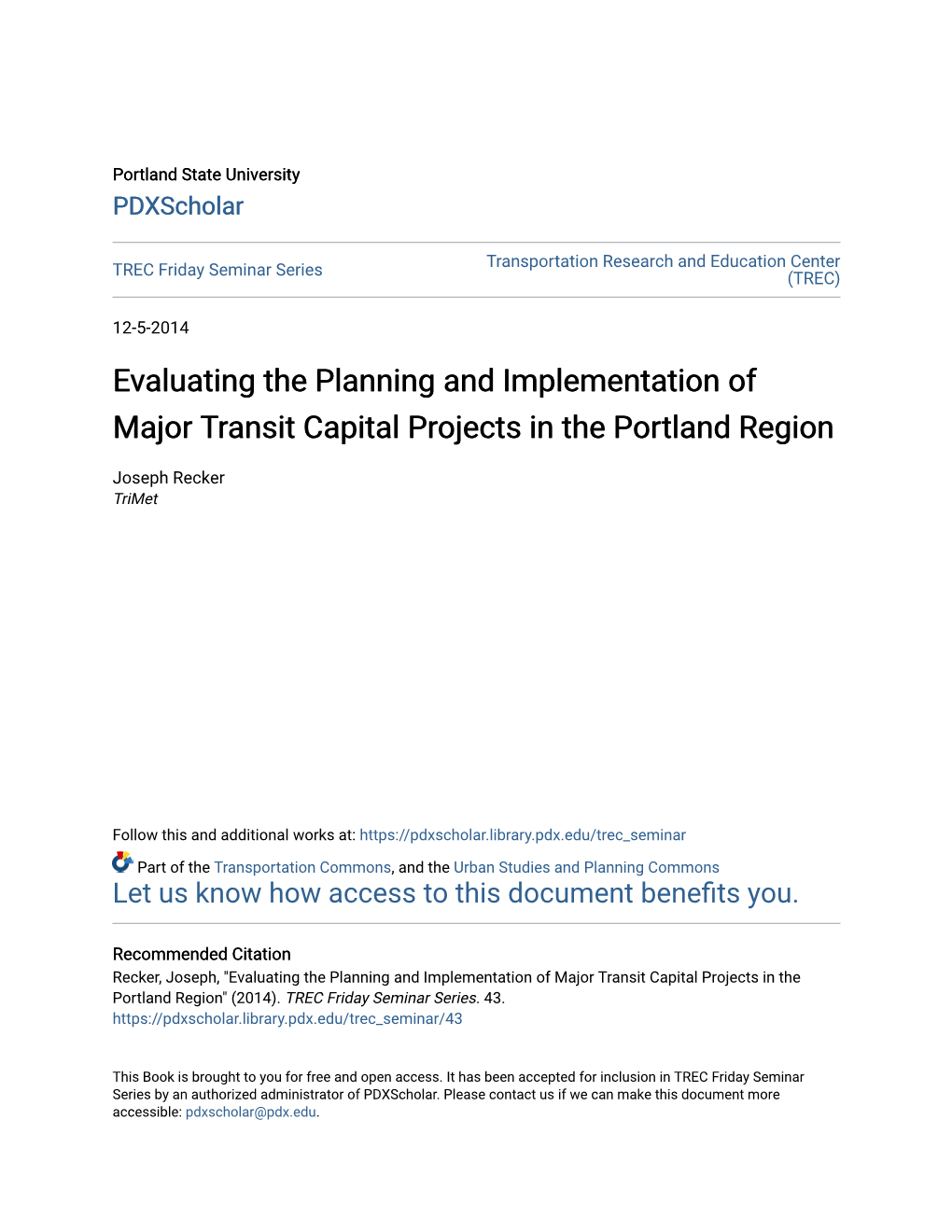 Evaluating the Planning and Implementation of Major Transit Capital Projects in the Portland Region
