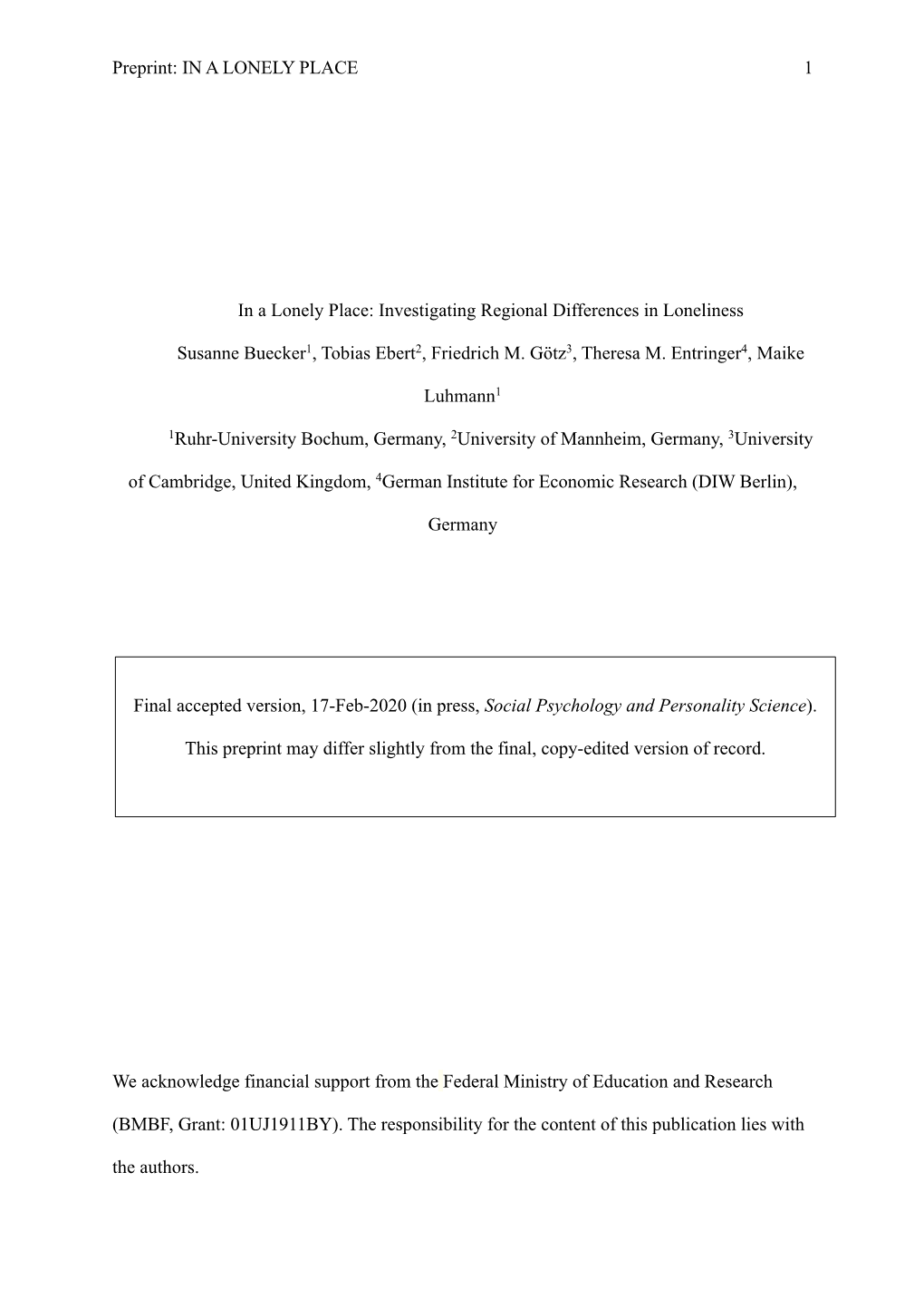 Buecker Et Al. 2020 in a Lonely Place Preprint