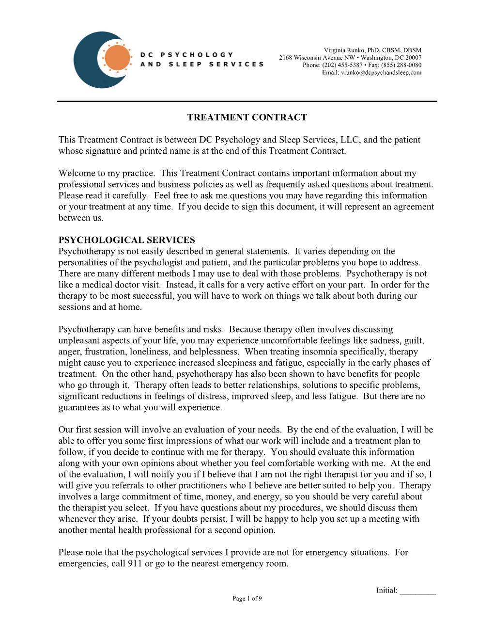 TREATMENT CONTRACT This Treatment Contract Is Between DC Psychology and Sleep Services, LLC, and the Patient Whose Signature