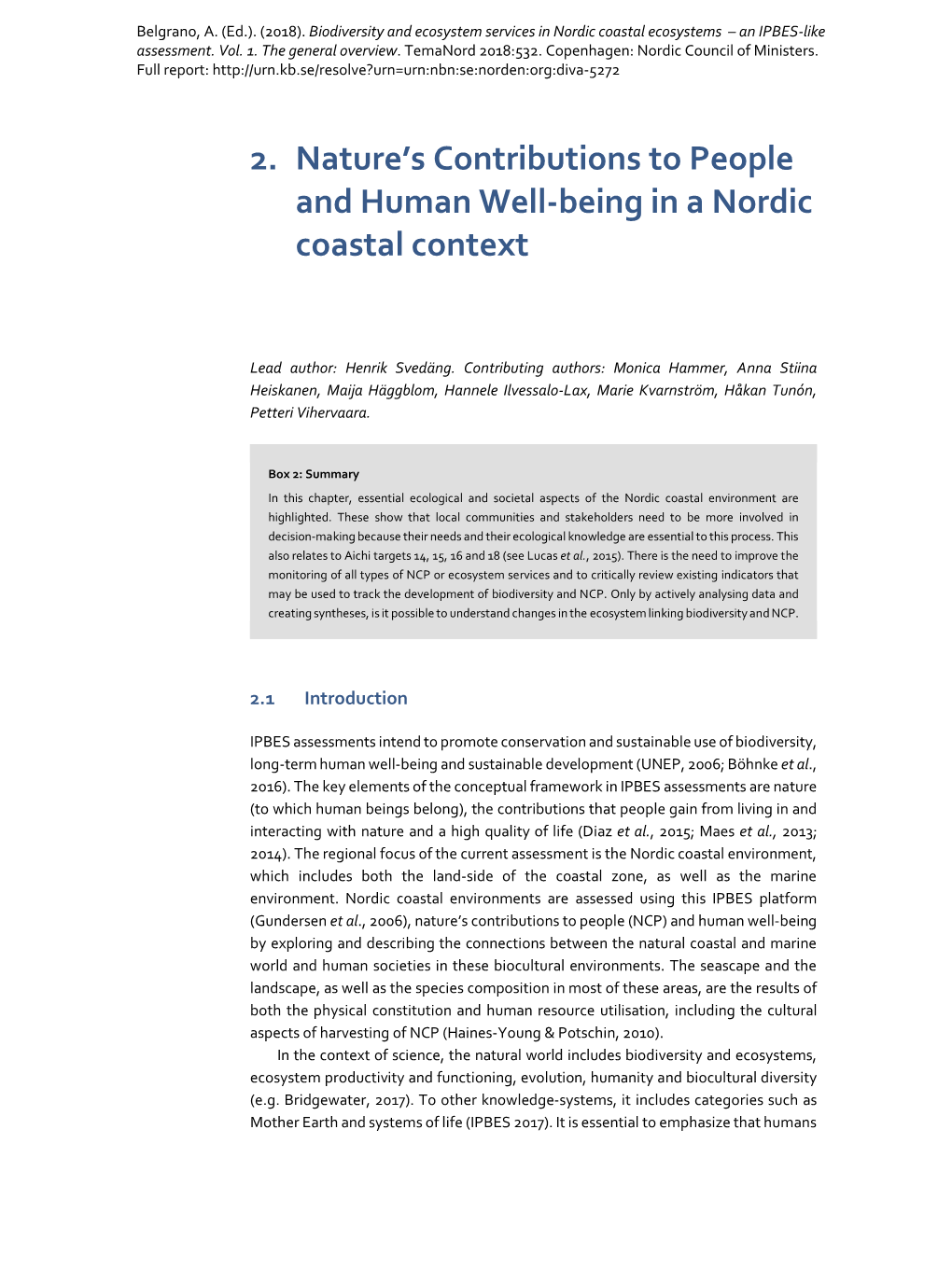 Biodiversity and Ecosystem Services in Nordic Coastal Ecosystems – an IPBES-Like Assessment