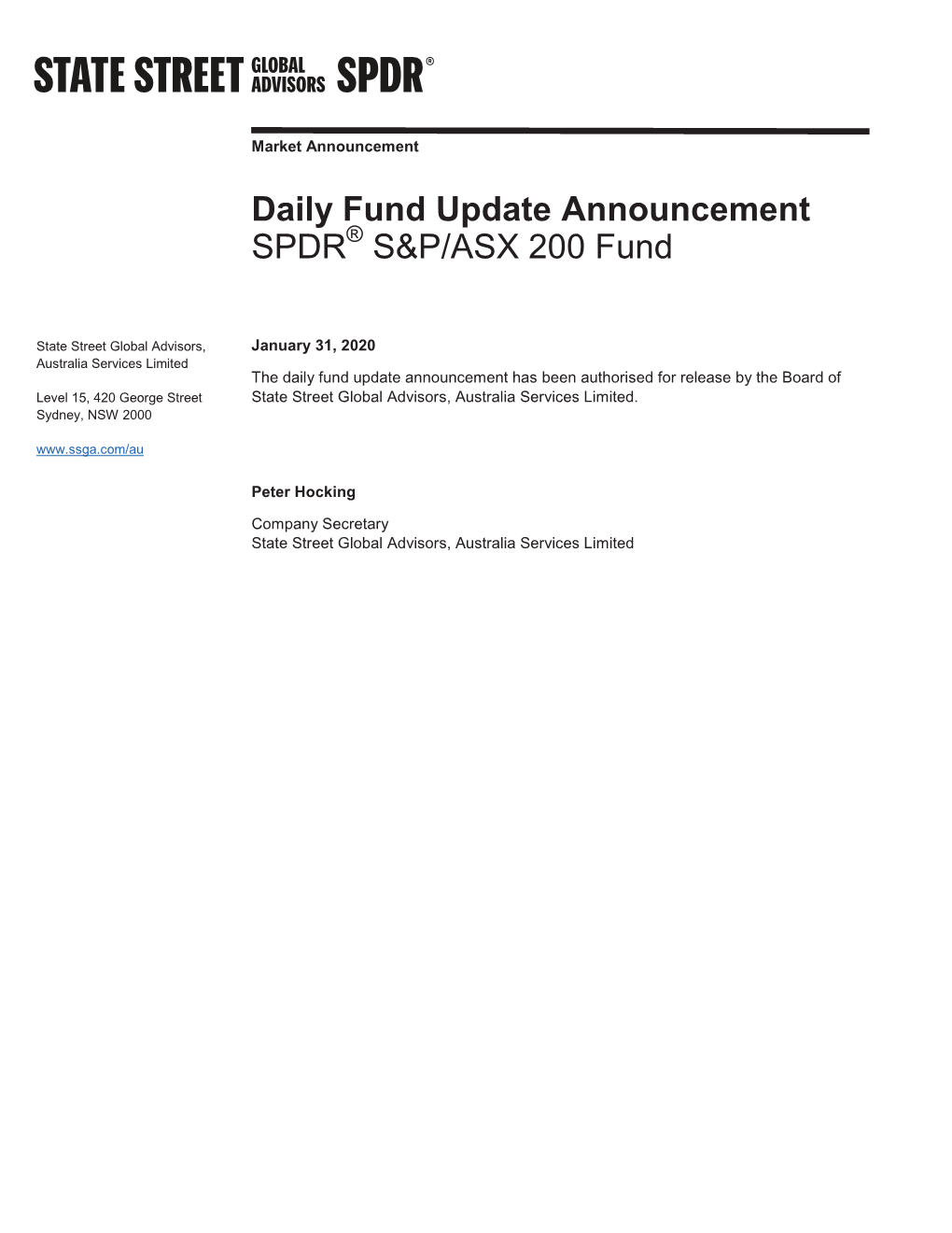 Daily Fund Update Announcement SPDR S&P/ASX 200 Fund