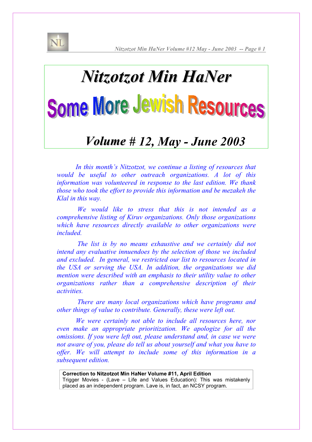 Nitzotzot Min Haner Volume #12 May - June 2003 -- Page # 1 Nniittzzoottzzoott Mmiinn Hhaanneerr