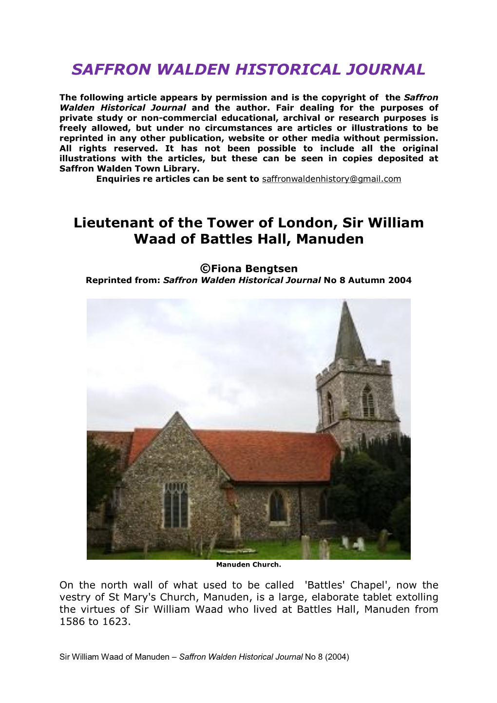 Sir William Waad of Manuden – Saffron Walden Historical Journal No 8 (2004)