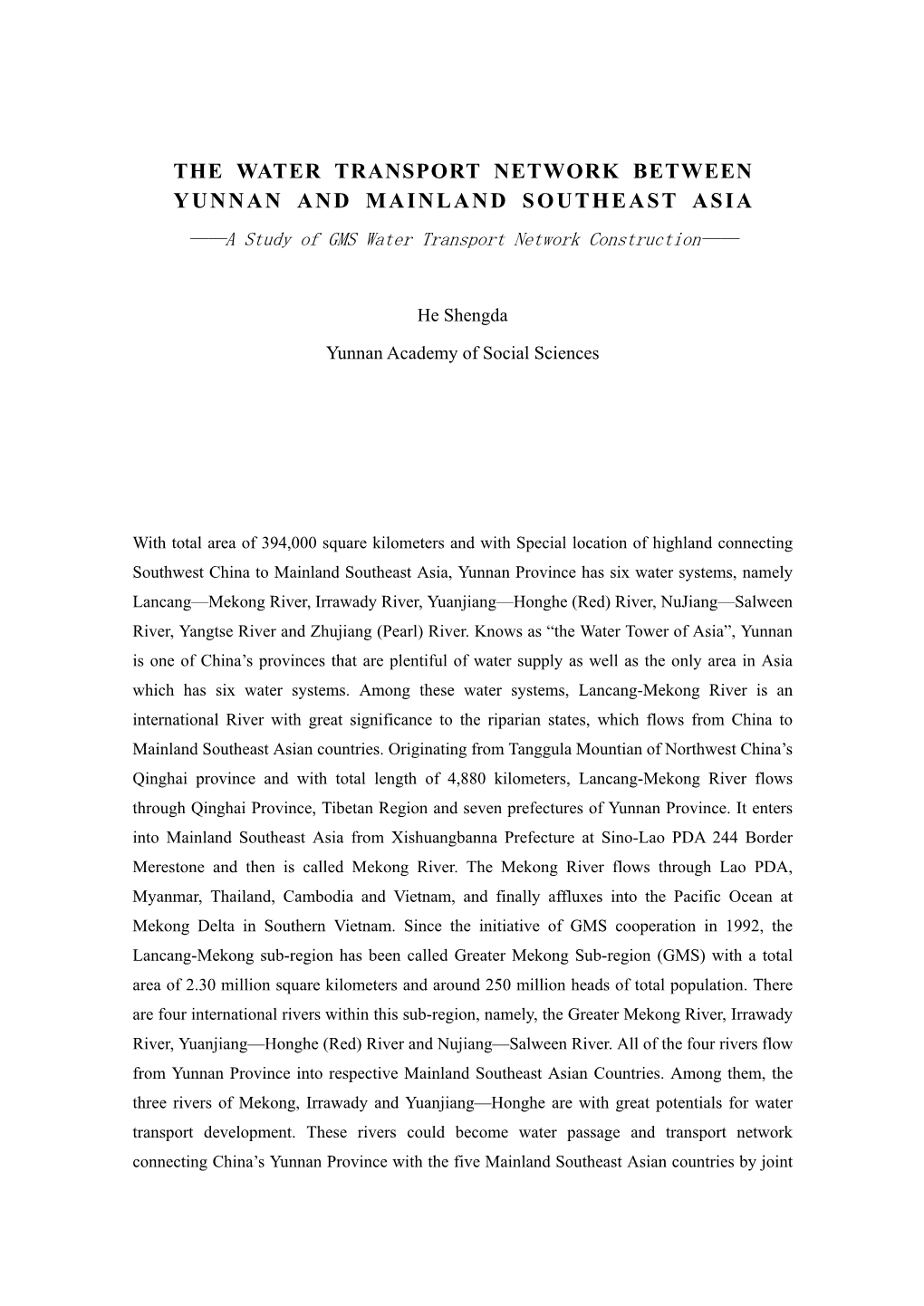 Water Transport Construction of the Greater Mekong Riparian Countries