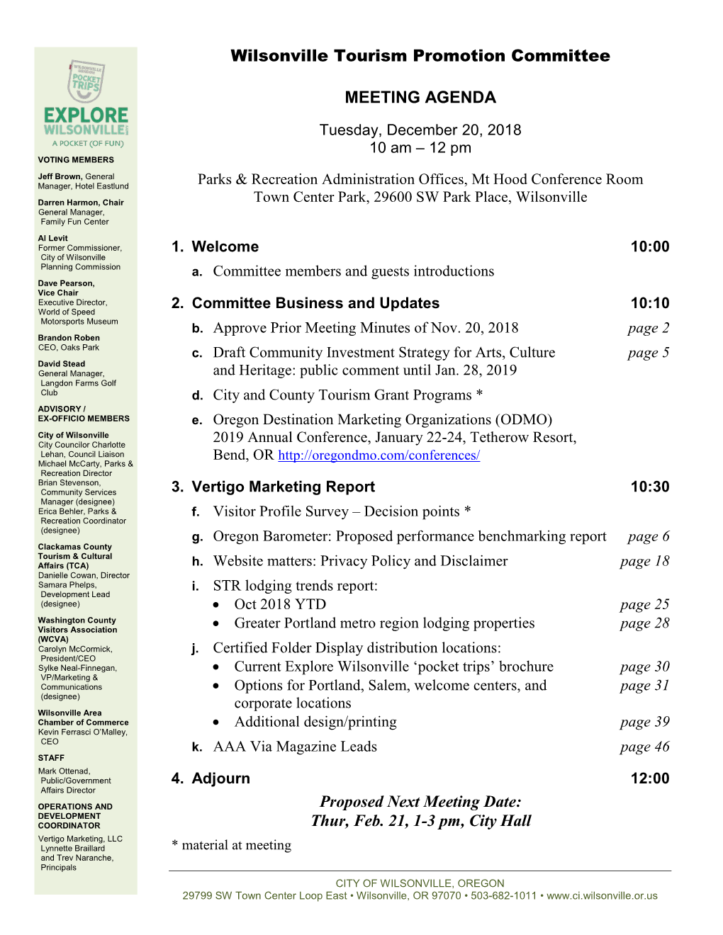 Wilsonville Tourism Promotion Committee MEETING AGENDA