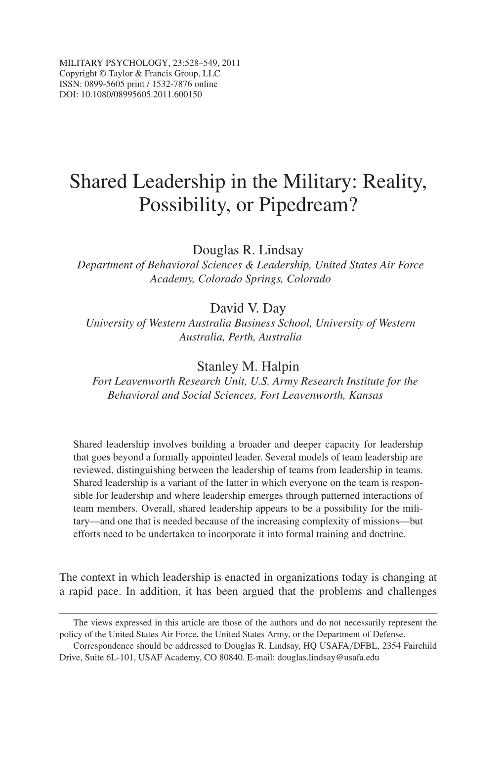 Shared Leadership in the Military: Reality, Possibility, Or Pipedream?