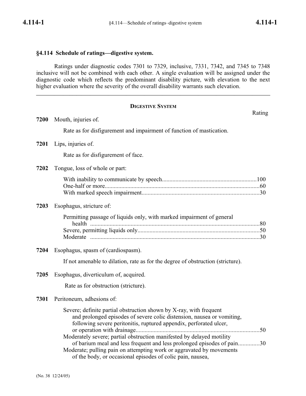 4.114 Schedule of Ratings Digestive System