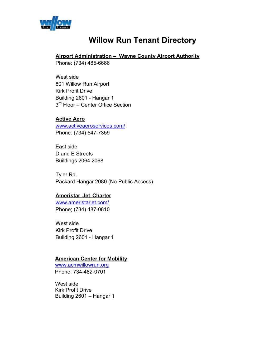 Willow Run Tenant Directory