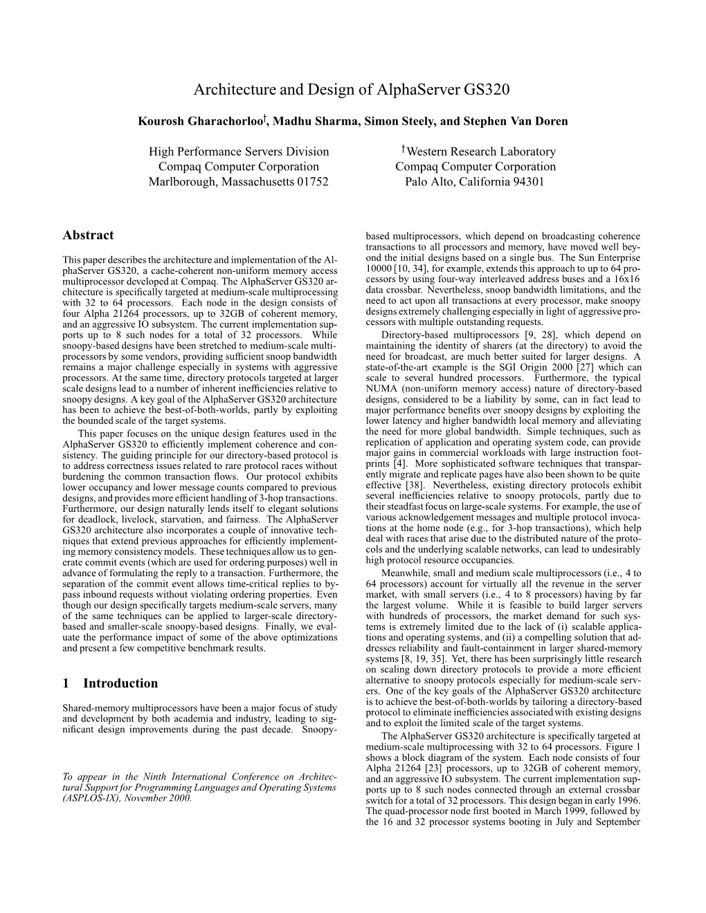 Architecture and Design of Alphaserver GS320