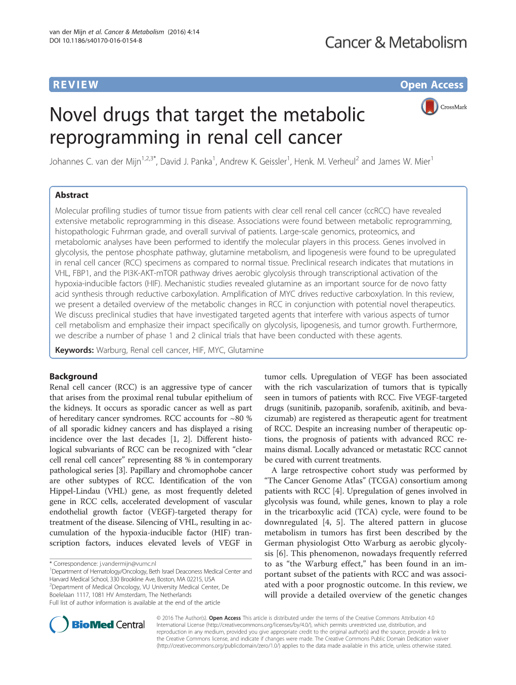 VIEW Open Access Novel Drugs That Target the Metabolic Reprogramming in Renal Cell Cancer Johannes C