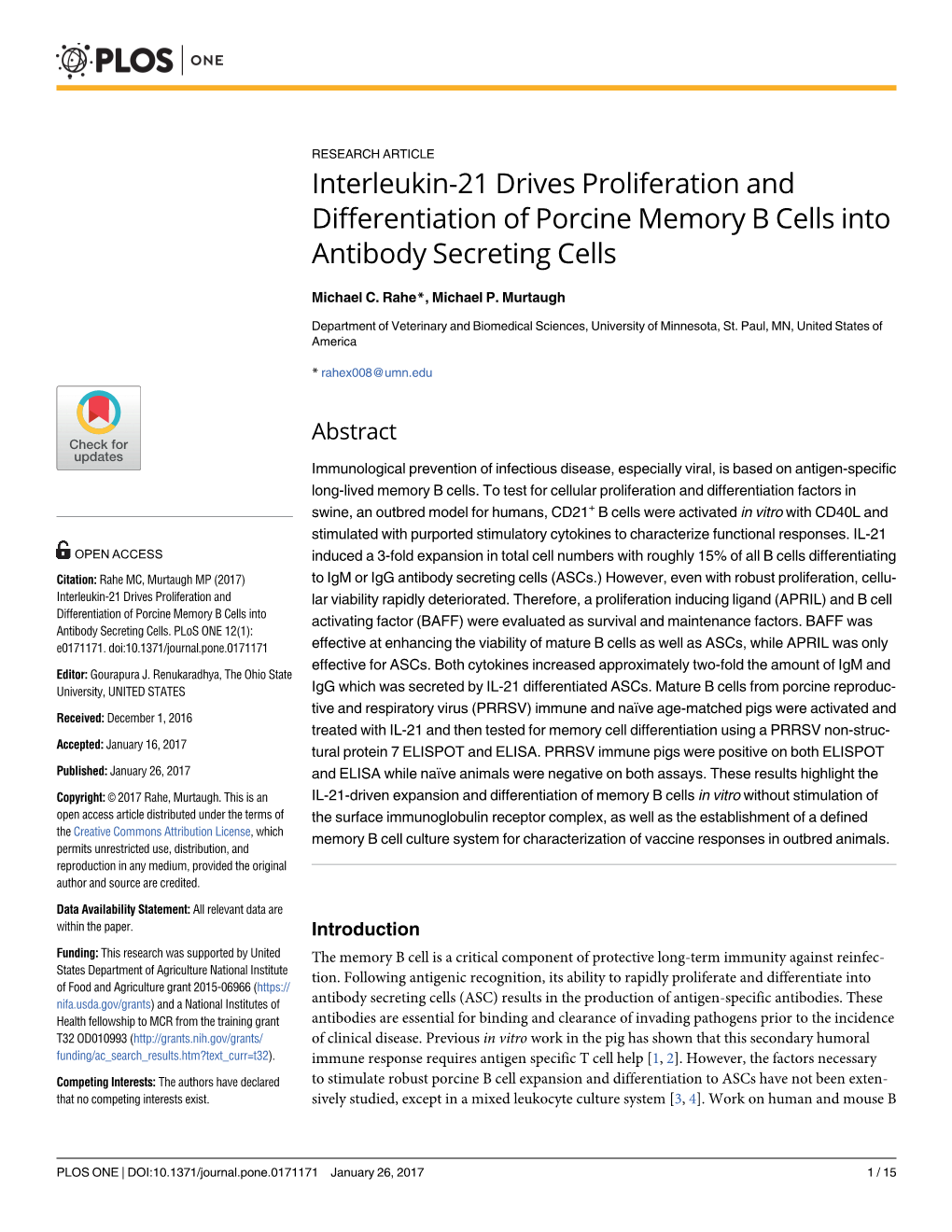 Interleukin-21 Drives Proliferation and Differentiation of Porcine Memory B Cells Into Antibody Secreting Cells