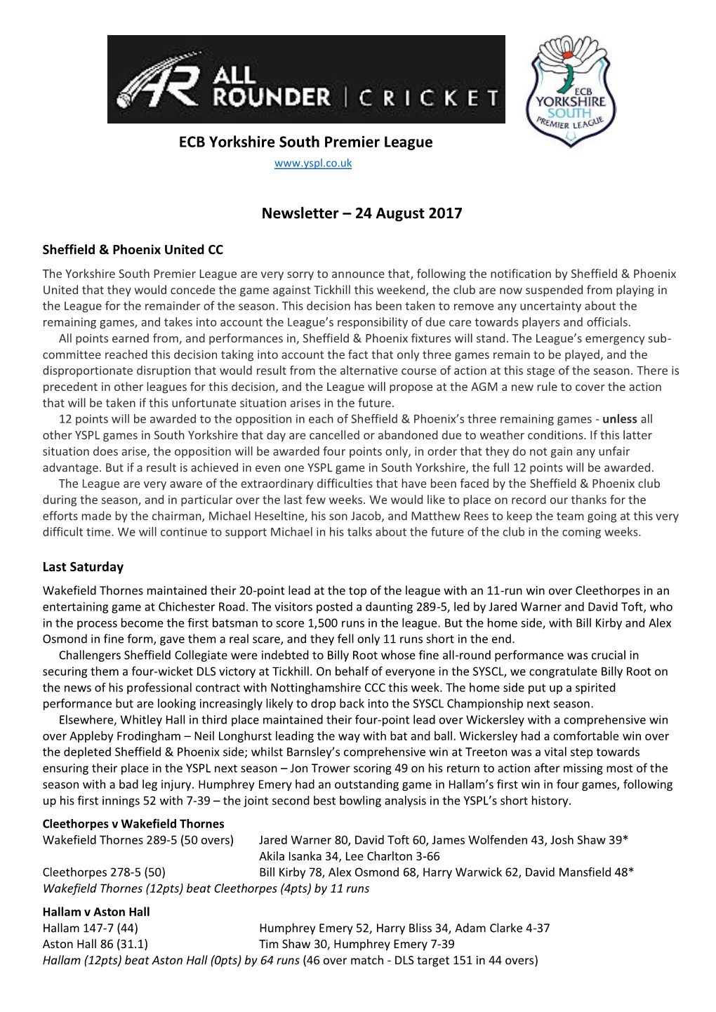 ECB Yorkshire South Premier League Newsletter