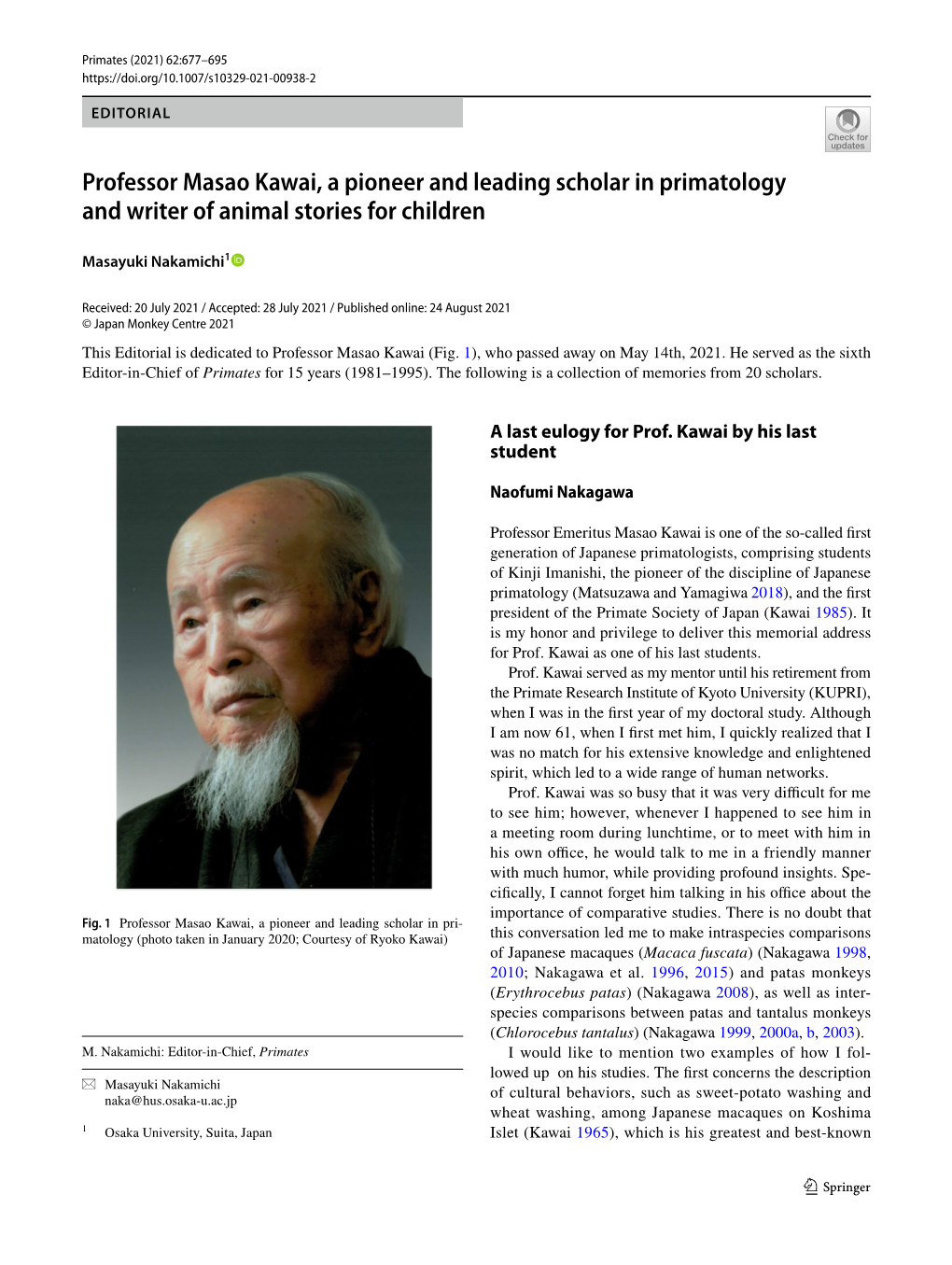 Professor Masao Kawai, a Pioneer and Leading Scholar in Primatology and Writer of Animal Stories for Children