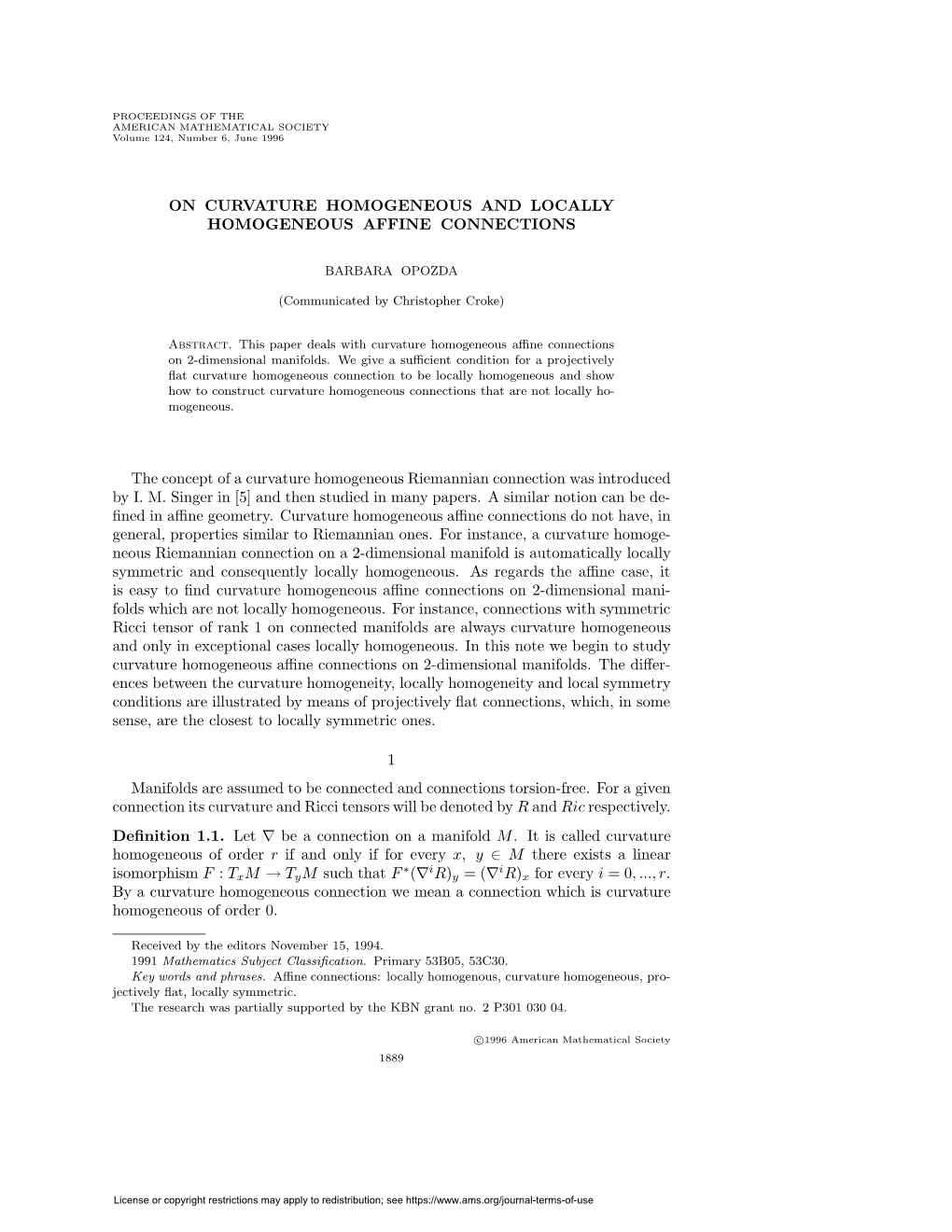 ON CURVATURE HOMOGENEOUS and LOCALLY HOMOGENEOUS AFFINE CONNECTIONS the Concept of a Curvature Homogeneous Riemannian Connection