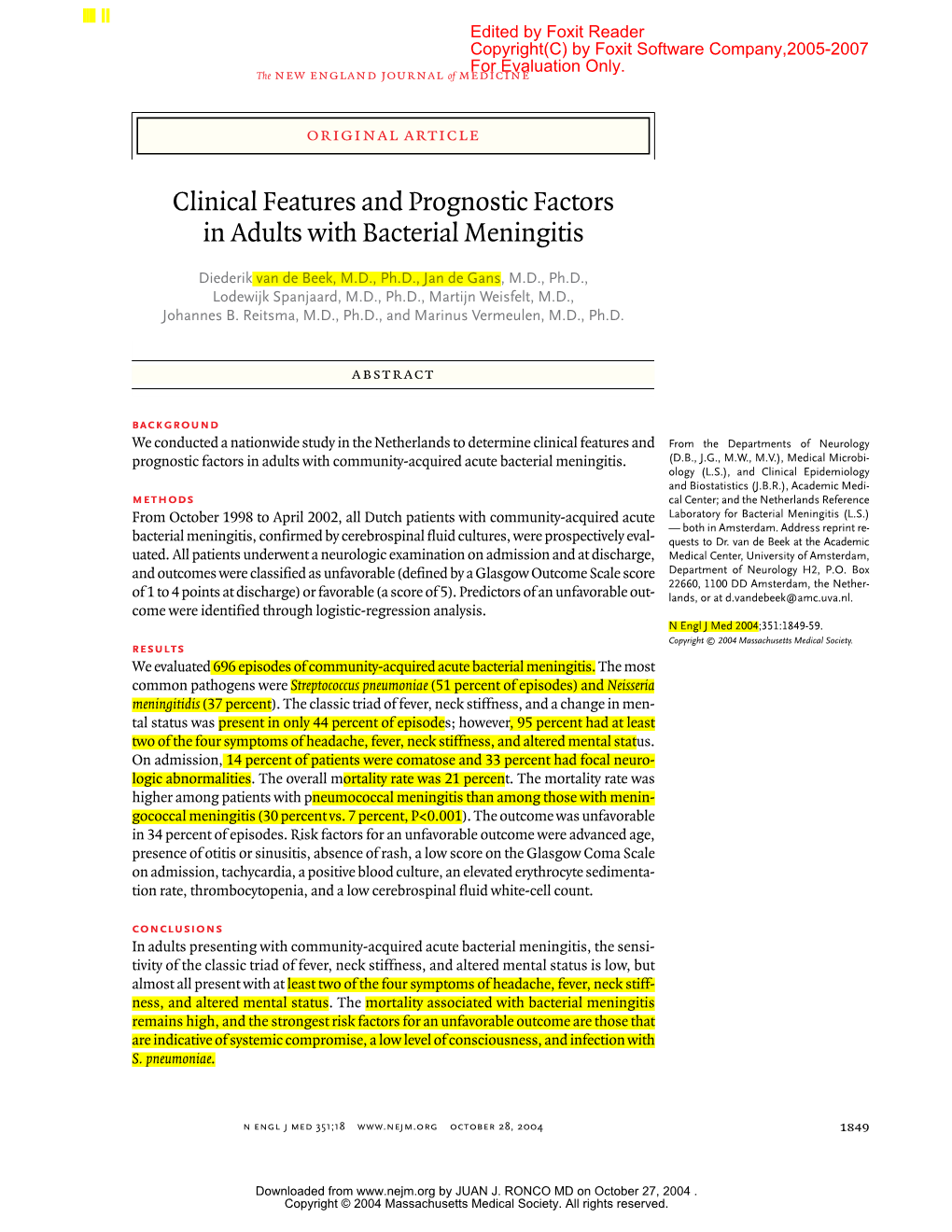 Clinical Features and Prognostic Factors in Adults with Bacterial Meningitis