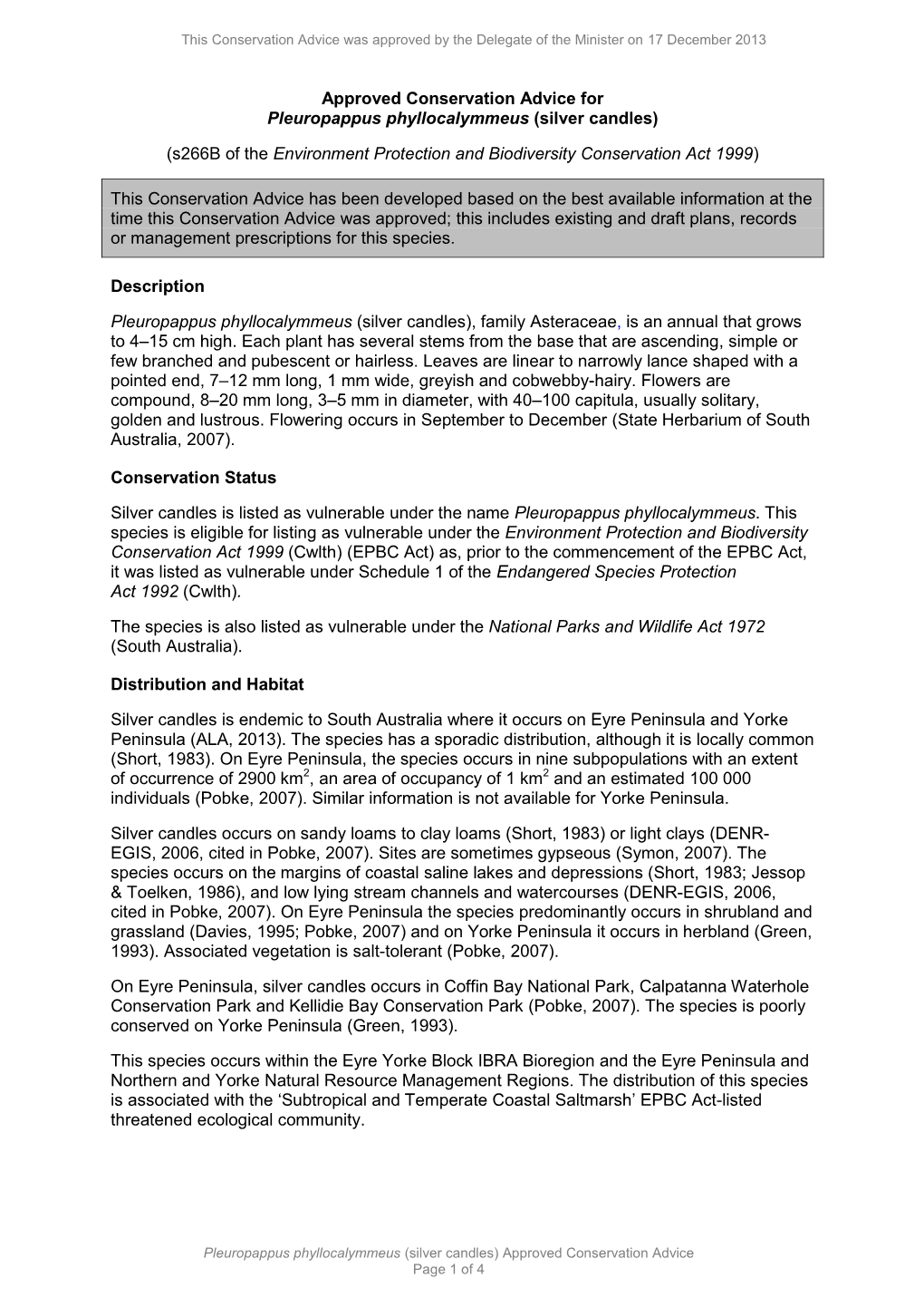 Approved Conservation Advice for Pleuropappus Phyllocalymmeus (Silver Candles)