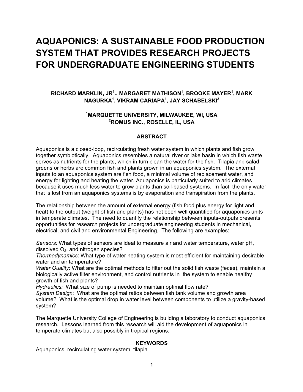 Aquaponics: a Sustainable Food Production System That Provides Research Projects for Undergraduate Engineering Students