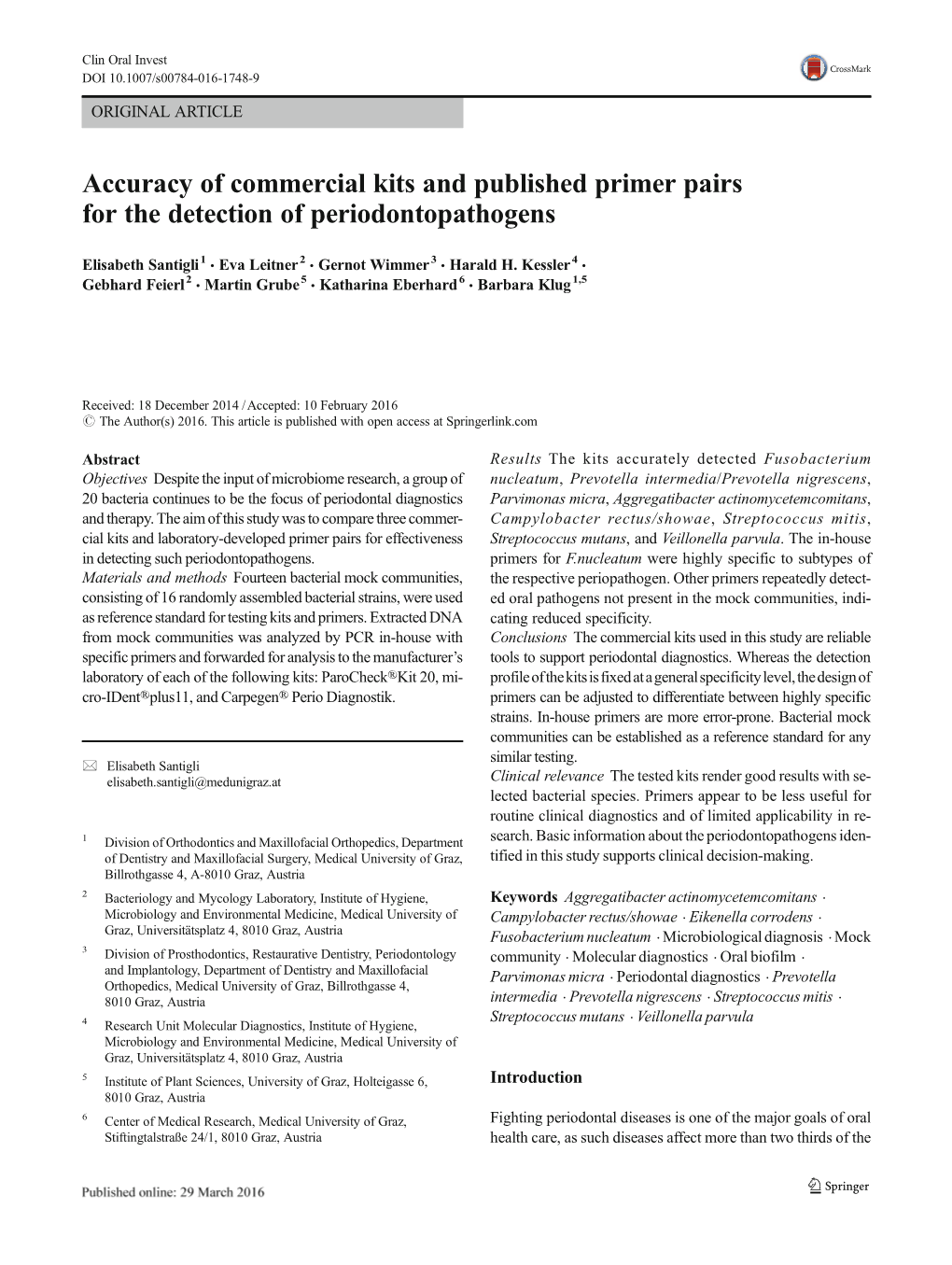 Accuracy of Commercial Kits and Published Primer Pairs for the Detection of Periodontopathogens