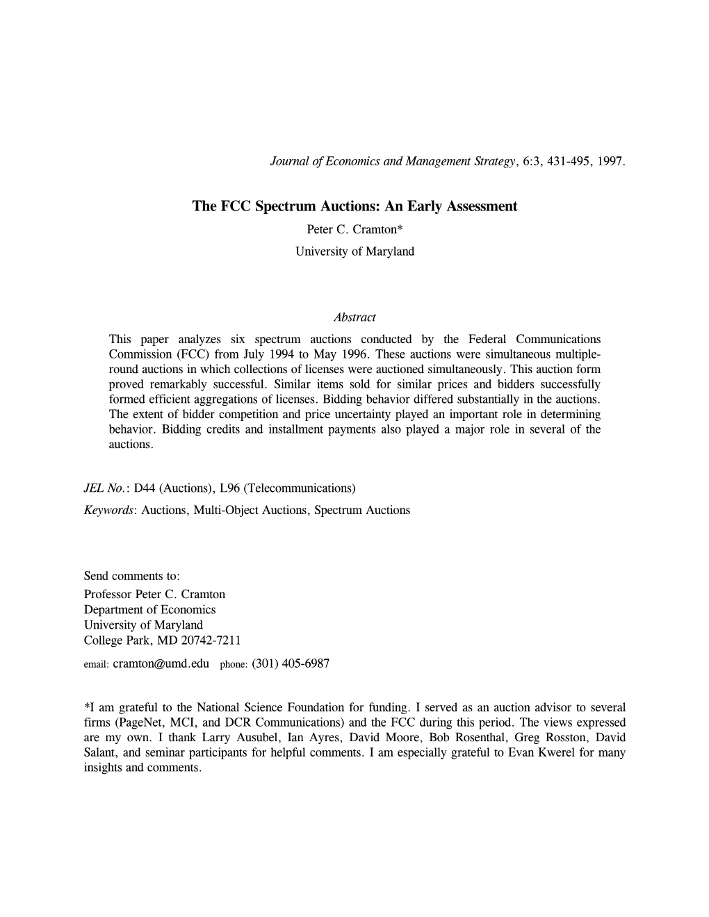 “The FCC Spectrum Auctions: an Early Assessment,” Journal of Economics and Management Strategy