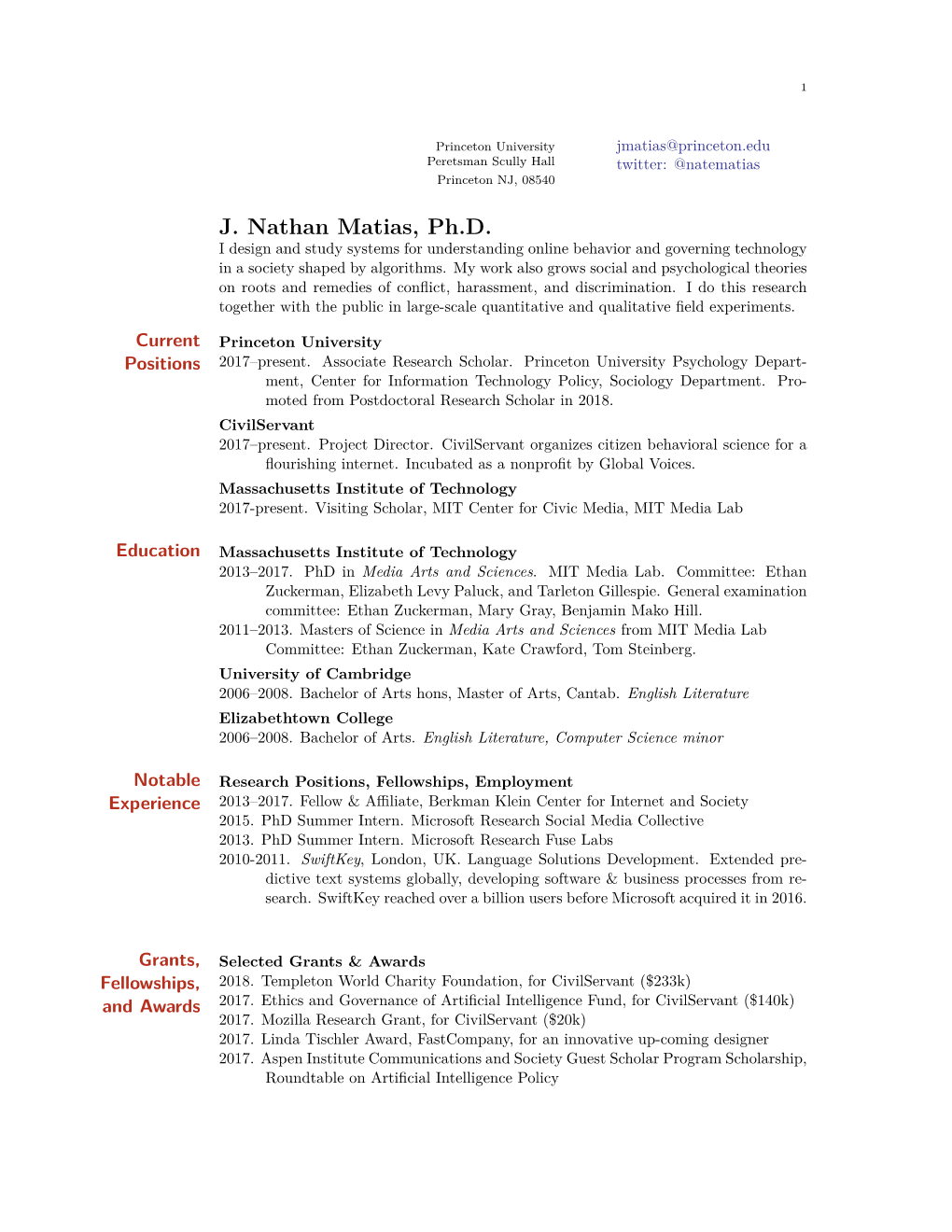 J. Nathan Matias, Ph.D. I Design and Study Systems for Understanding Online Behavior and Governing Technology in a Society Shaped by Algorithms