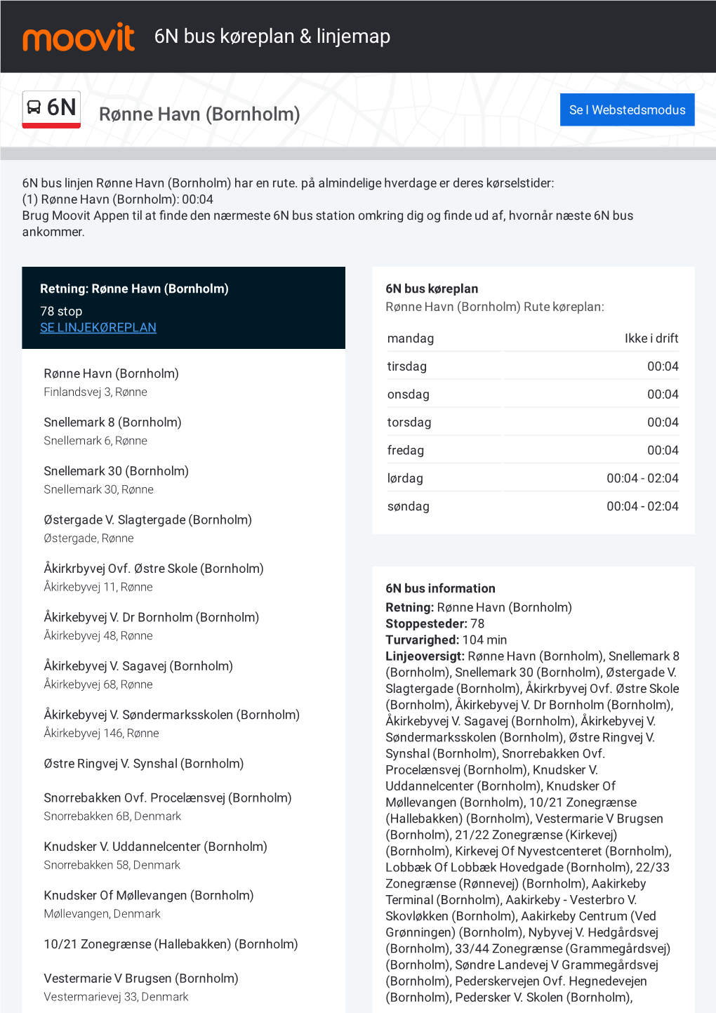 6N Bus Køreplan & Linjerutekort