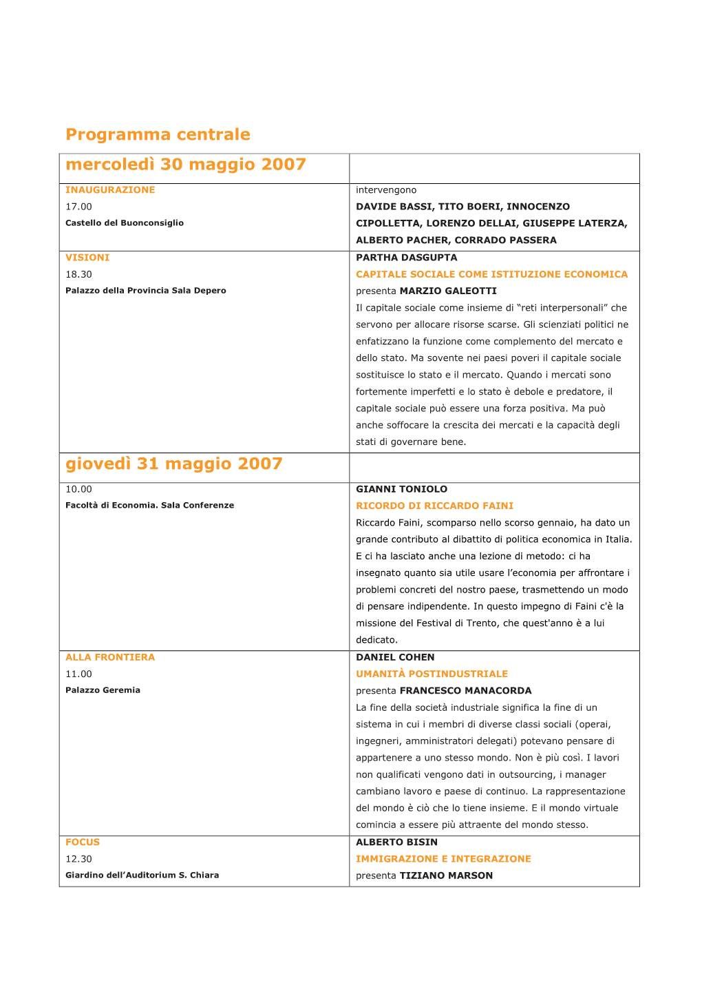 Programma Centrale Mercoledì 30 Maggio 2007 Giovedì 31 Maggio 2007