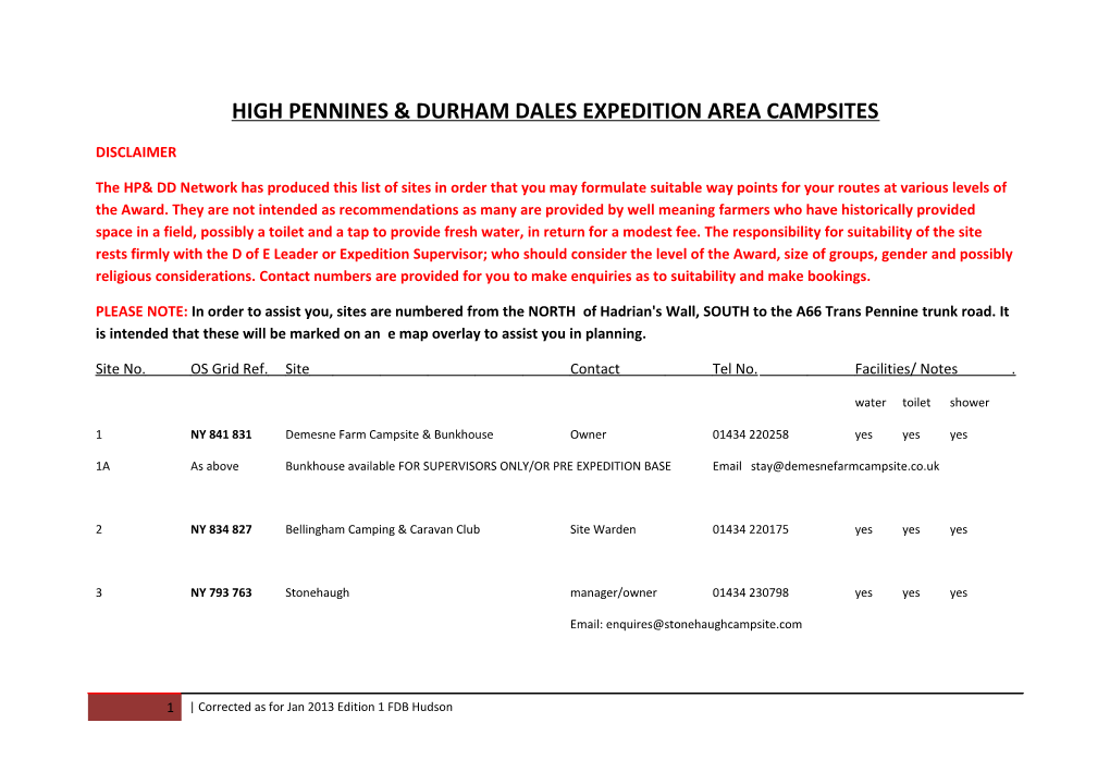 High Pennines & Durham Dales Expedition Area Campsites