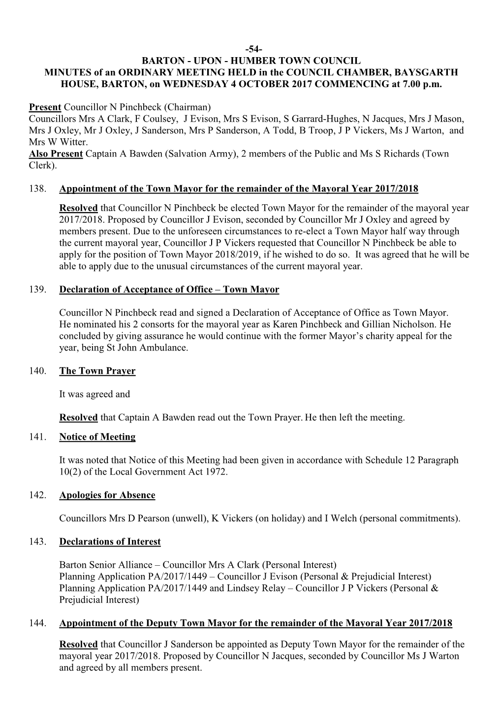 HUMBER TOWN COUNCIL MINUTES of an ORDINARY MEETING HELD in the COUNCIL CHAMBER, BAYSGARTH HOUSE, BARTON, on WEDNESDAY 4 OCTOBER 2017 COMMENCING at 7.00 P.M