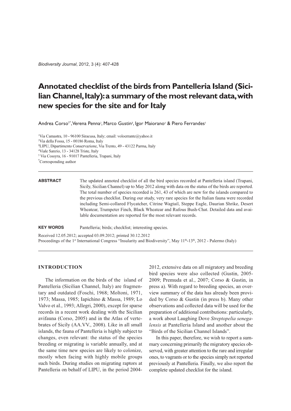 Annotated Checklist of the Birds from Pantelleria Island