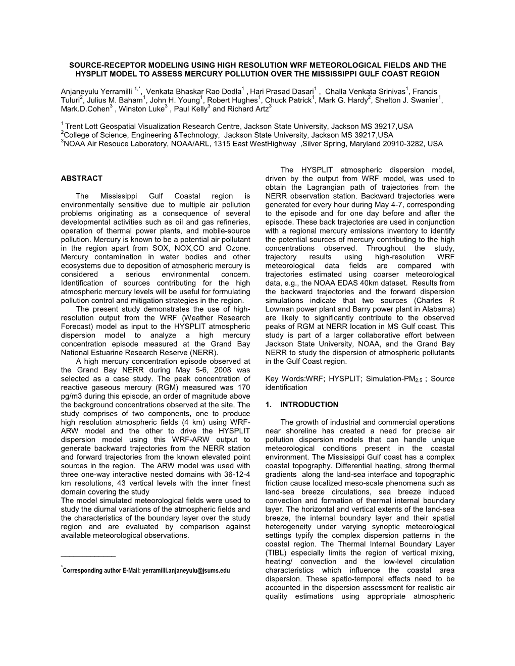 Source-Receptor Modeling Using High Resolution Wrf Meteorological Fields and the Hysplit Model to Assess Mercury Pollution Over the Mississippi Gulf Coast Region