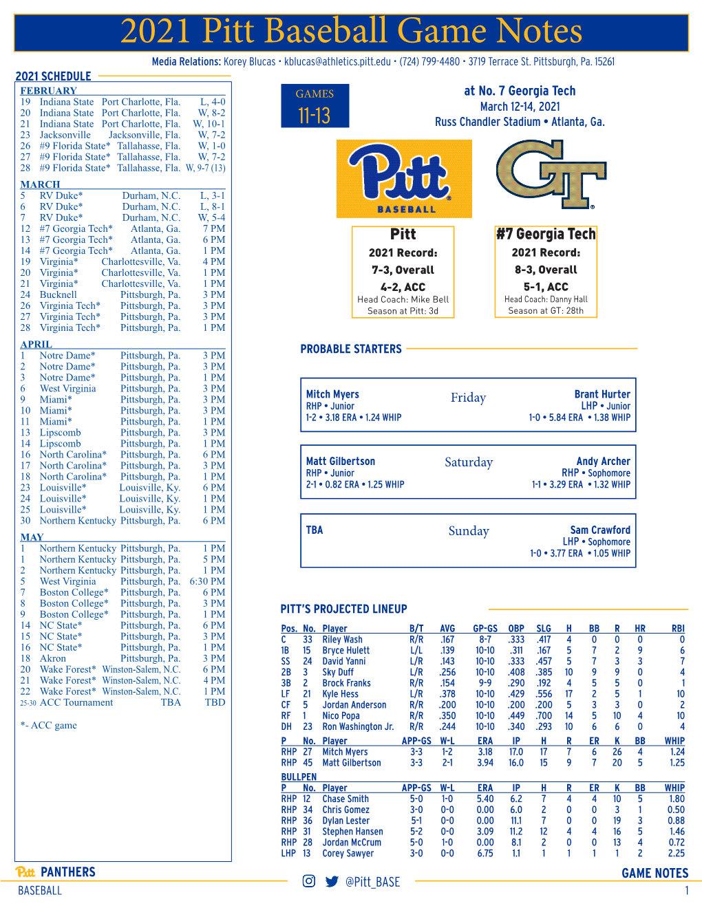 2021 Pitt Baseball Game Notes Media Relations: Korey Blucas • Kblucas@Athletics.Pitt.Edu • (724) 799-4480 • 3719 Terrace St