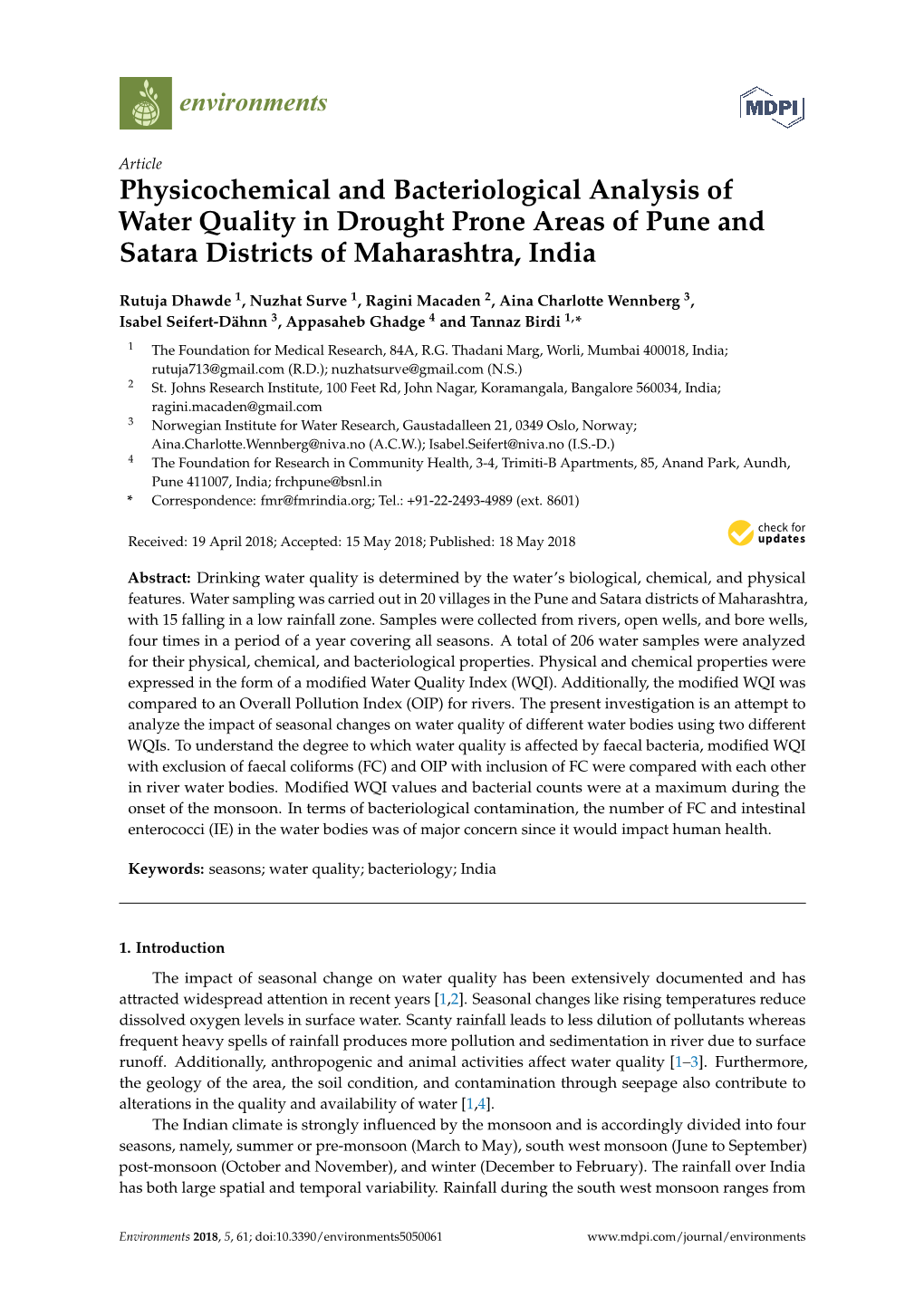 Physicochemical and Bacteriological Analysis of Water Quality in Drought Prone Areas of Pune and Satara Districts of Maharashtra, India