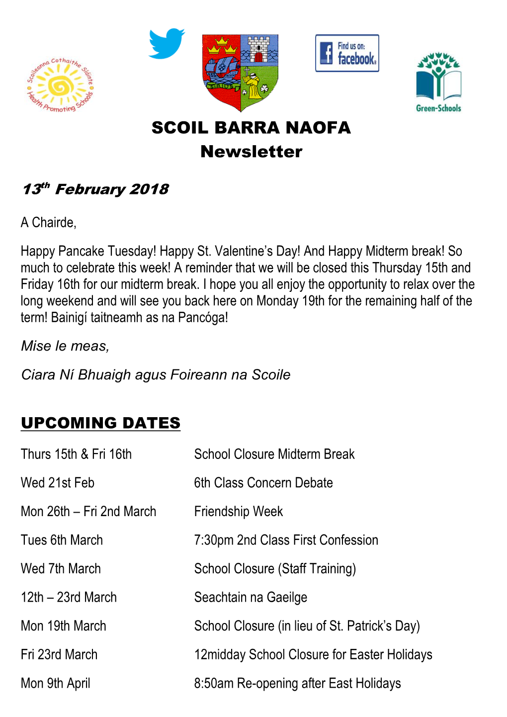 SCOIL BARRA NAOFA Newsletter