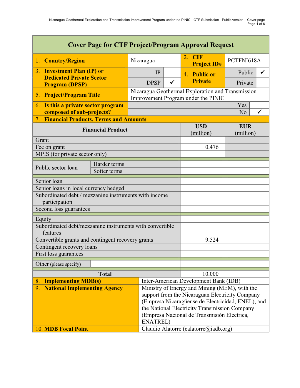 Cover Page for CTF Project/Program Approval Request