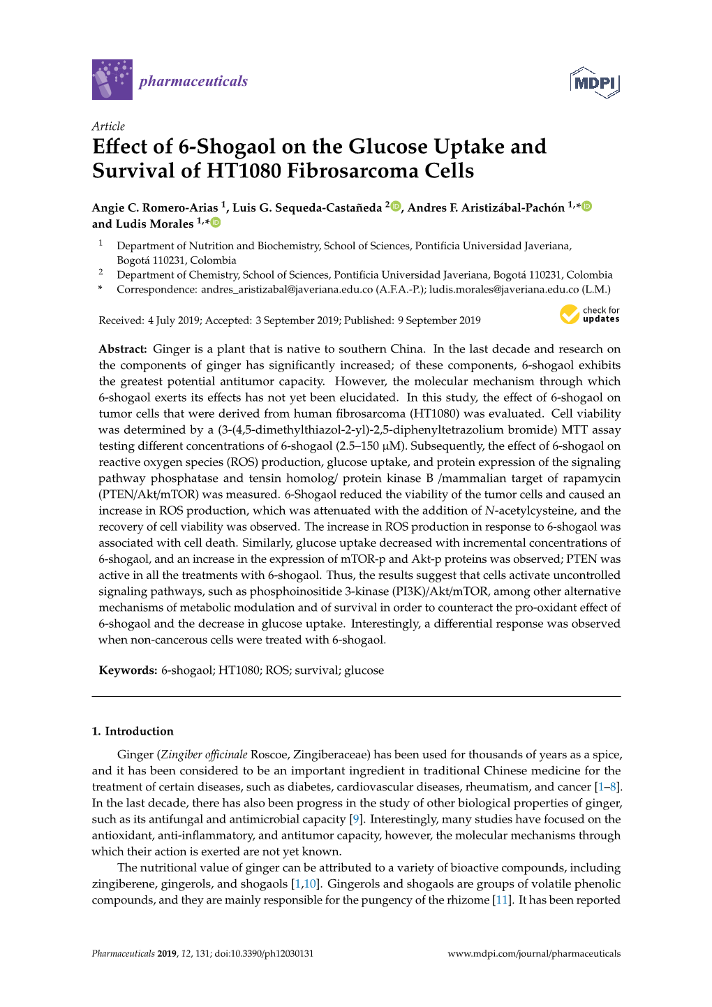 Effect of 6-Shogaol on the Glucose Uptake and Survival of HT1080