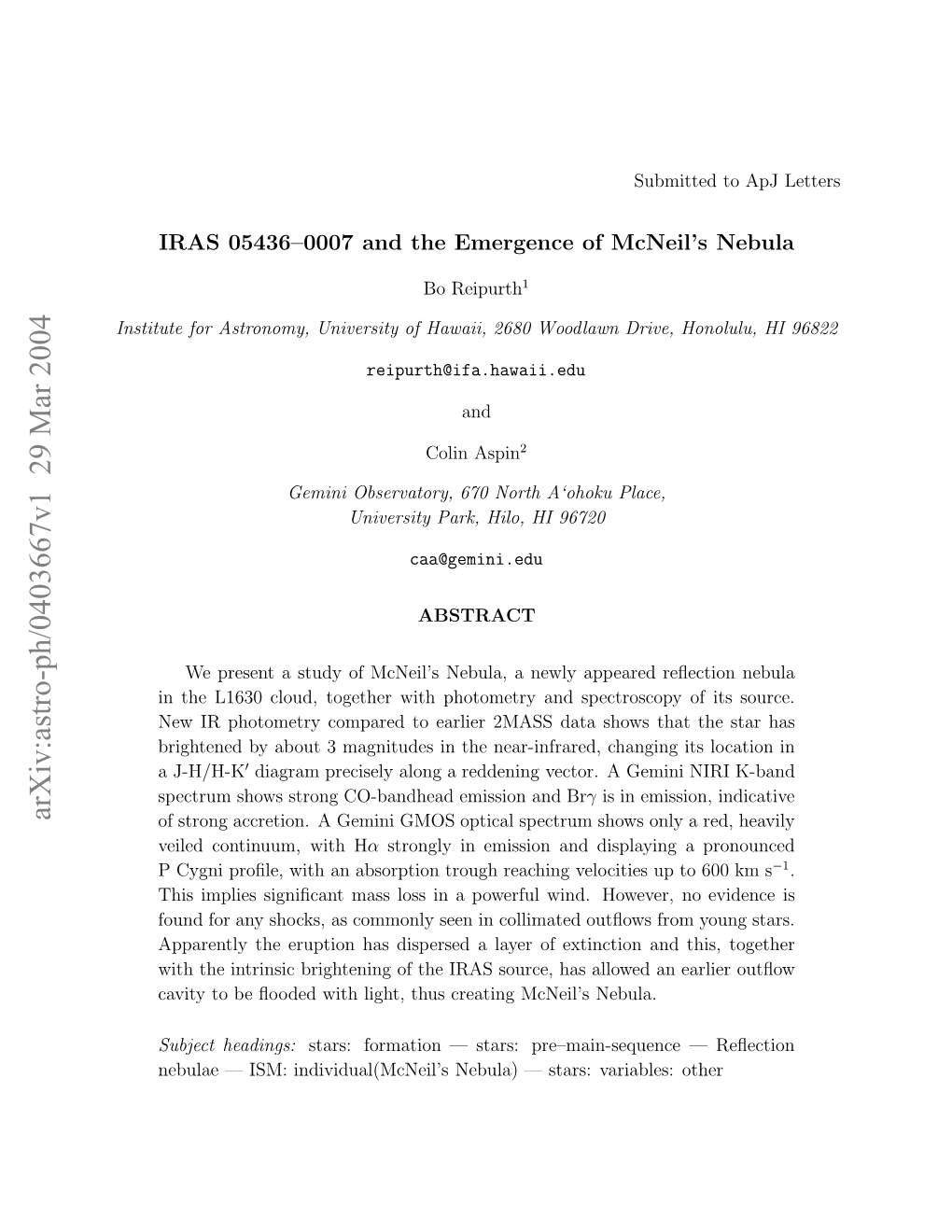 IRAS 05436-0007 and the Emergence of Mcneil's Nebula