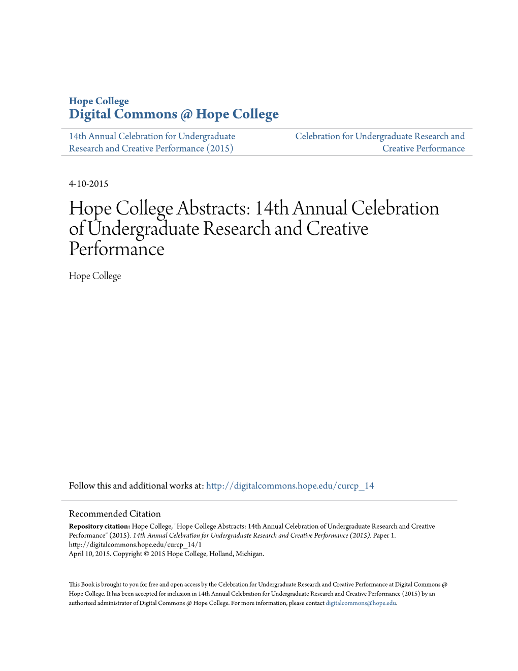 Hope College Abstracts: 14Th Annual Celebration of Undergraduate Research and Creative Performance Hope College