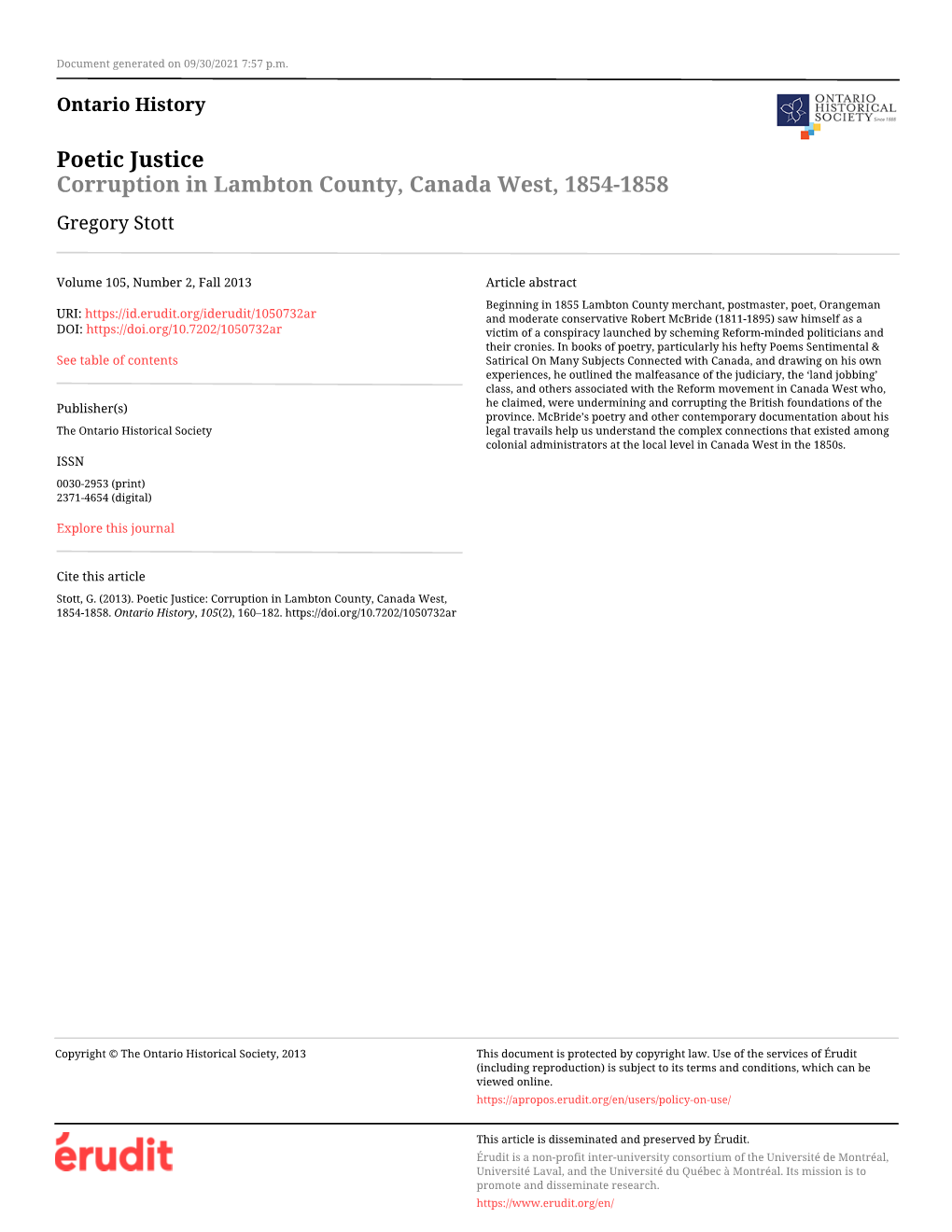 Poetic Justice: Corruption in Lambton County, Canada West, 1854-1858