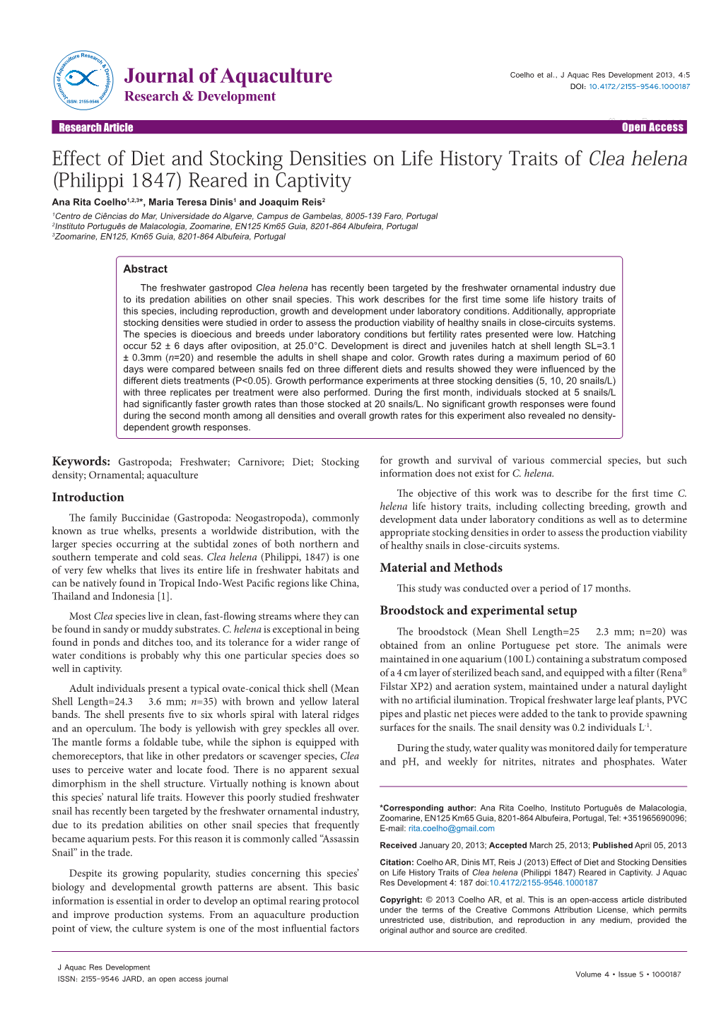 Effect of Diet and Stocking Densities on Life History Traits of Clea Helena