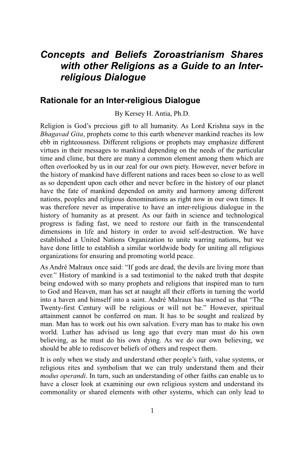 Concepts and Beliefs Zoroastrianism Shares with Other Religions As a Guide to an Inter- Religious Dialogue