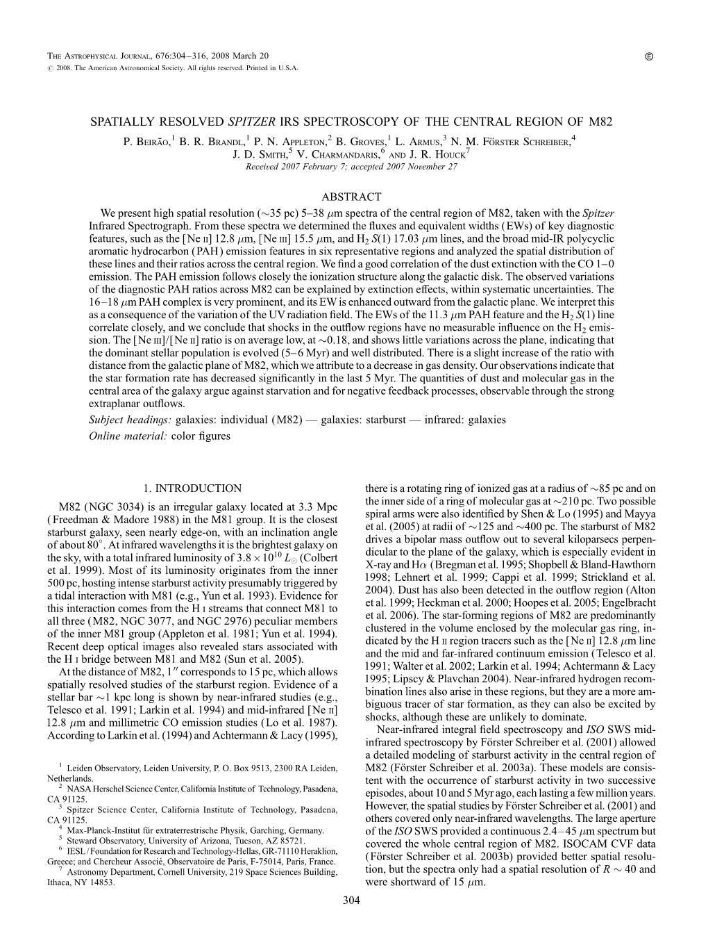 Spatially Resolved Spitzer Irs Spectroscopy of the Central Region of M82 P