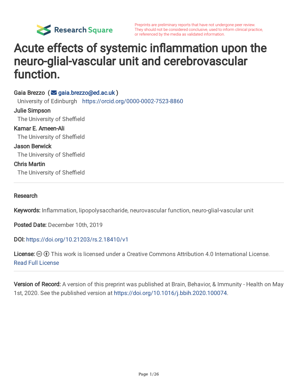 Acute Effects of Systemic Inflammation Upon the Neuro-Glial-Vascular Unit