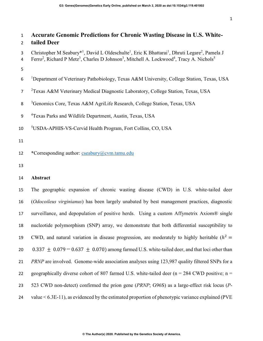 Accurate Genomic Predictions for Chronic Wasting Disease in U.S. White-Tailed Deer