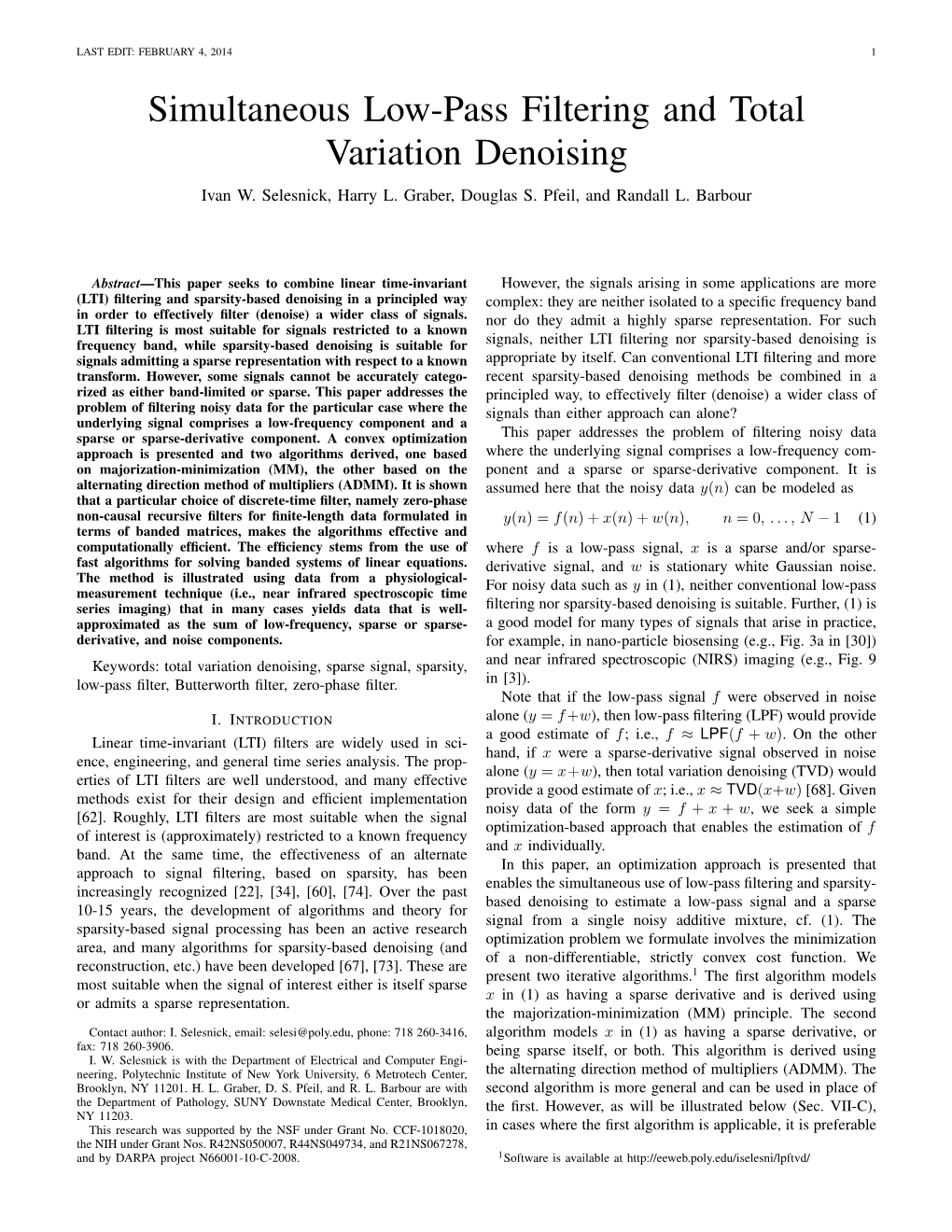 Simultaneous Low-Pass Filtering and Total Variation Denoising Ivan W